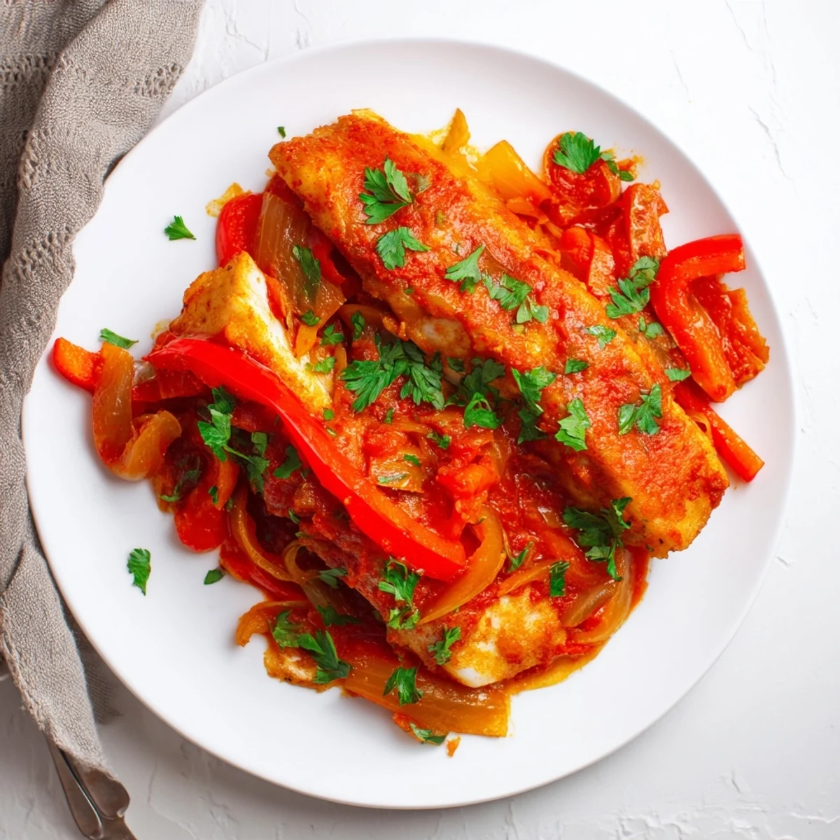 Flaky white fish simmering gently in spiced Moroccan tomato sauce with diced bell peppers