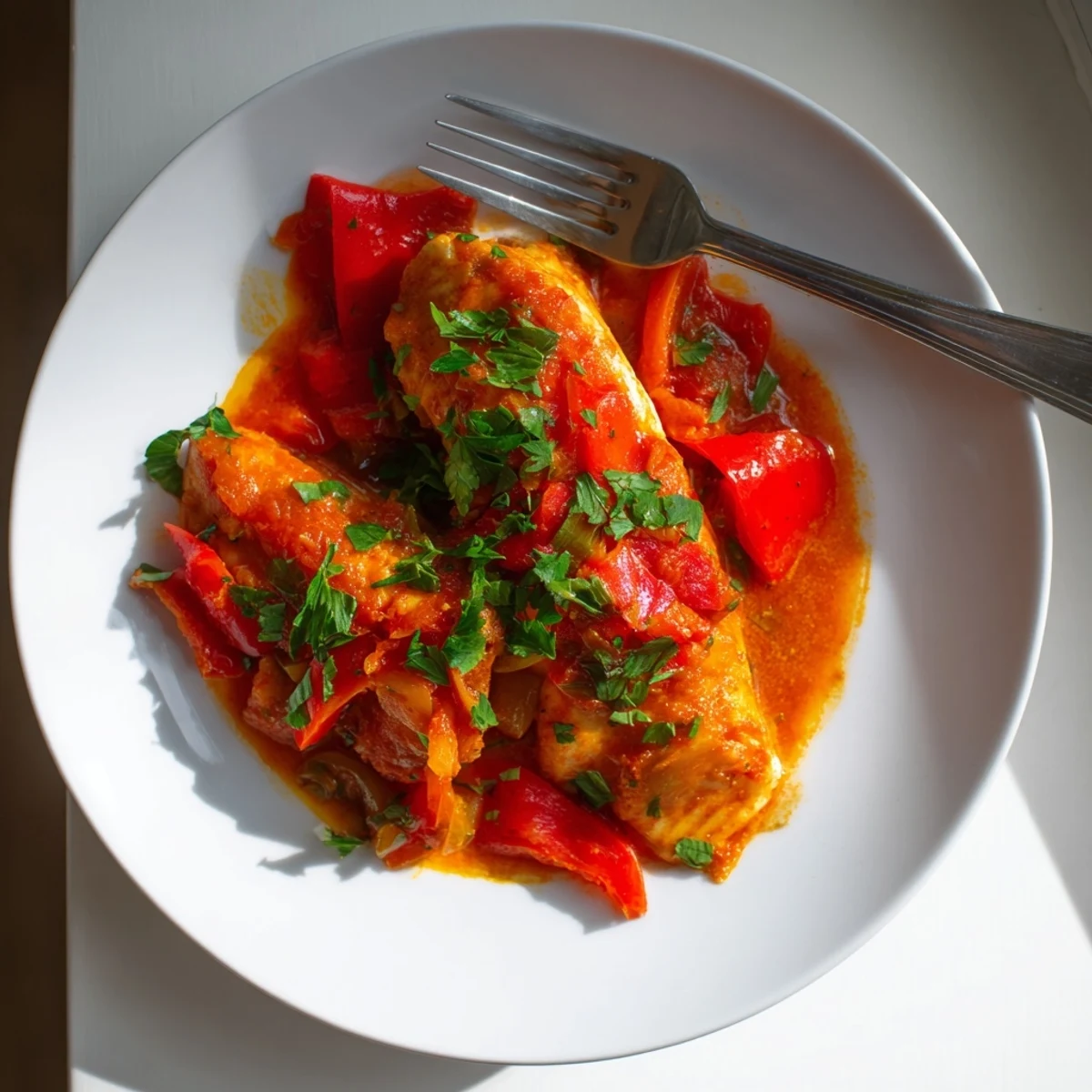 Golden Moroccan braised fish fillets nestled in rich red tomato sauce with fresh herbs