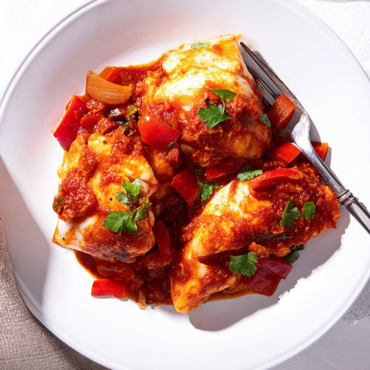 Steaming hot Moroccan braised fish in tomato sauce garnished with green cilantro and parsley
