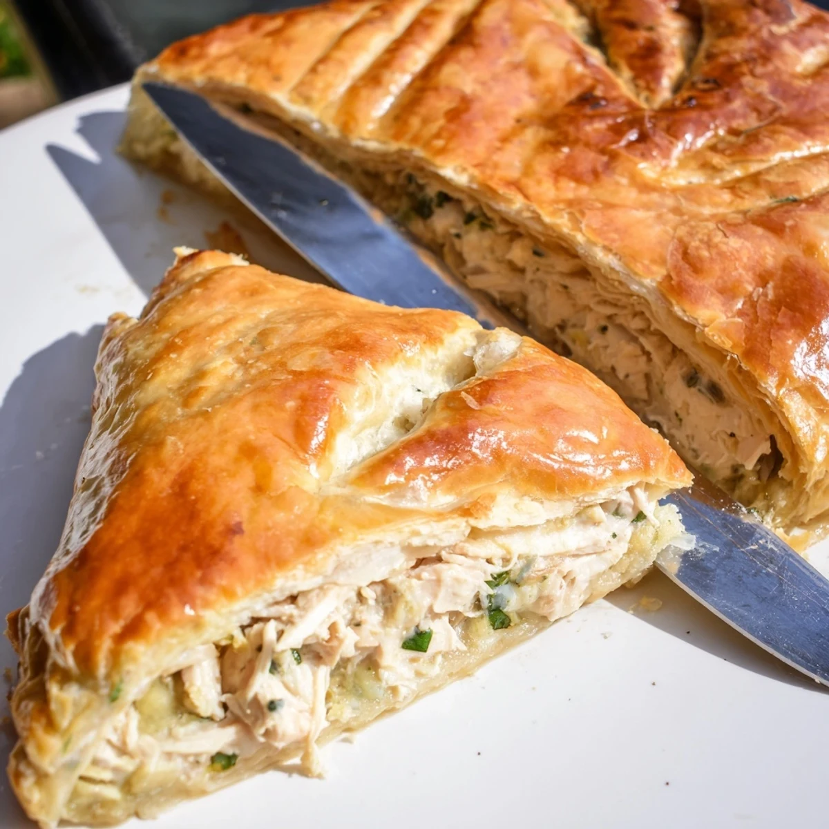 Golden brown rustic chicken ricotta and herb pie sliced on a wooden serving board