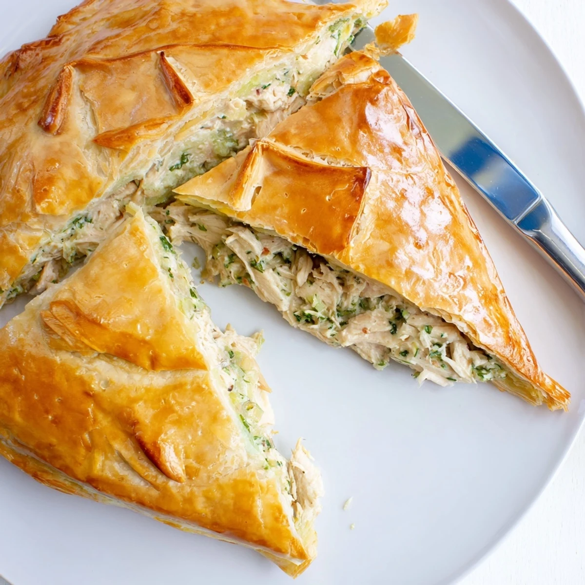 Flaky pastry topped chicken ricotta and herb pie fresh from the oven with steam rising