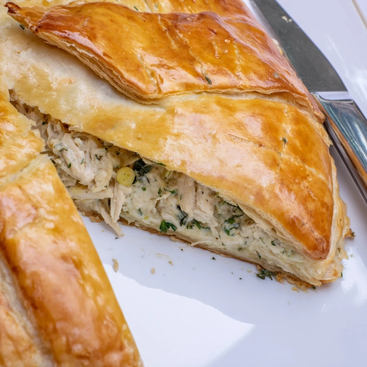 Whole rustic chicken ricotta and herb pie with golden crust and fresh herbs sprinkled on top