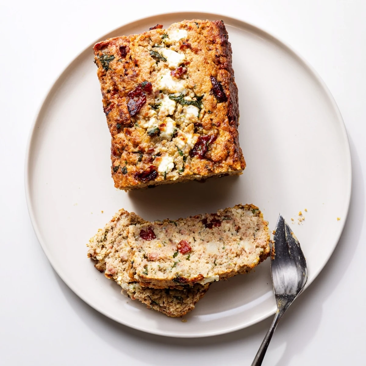 Golden brown Mediterranean turkey meatloaf sliced on a white serving platter with fresh herbs