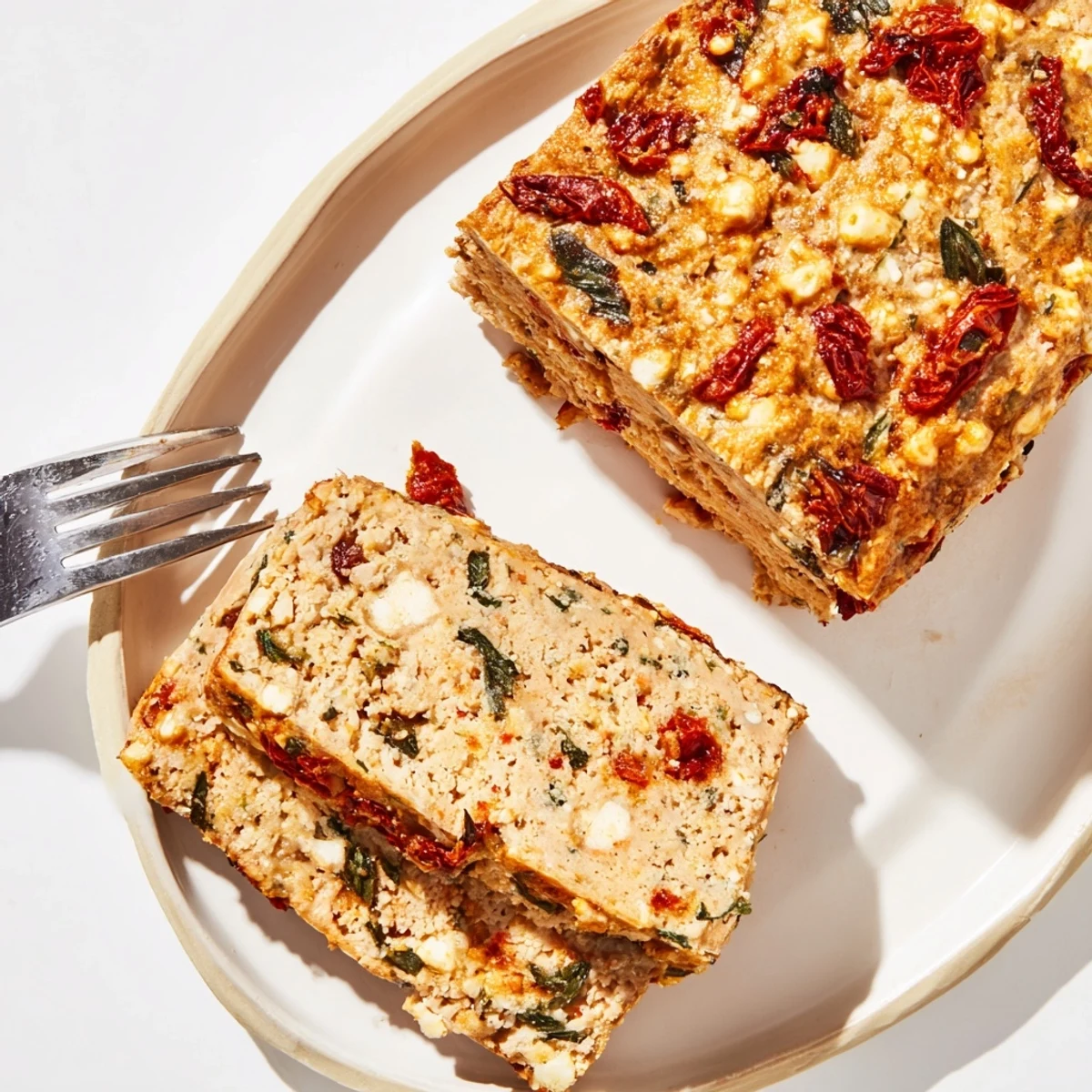 Savory turkey meatloaf with visible chunks of roasted red peppers garnished with parsley sprigs
