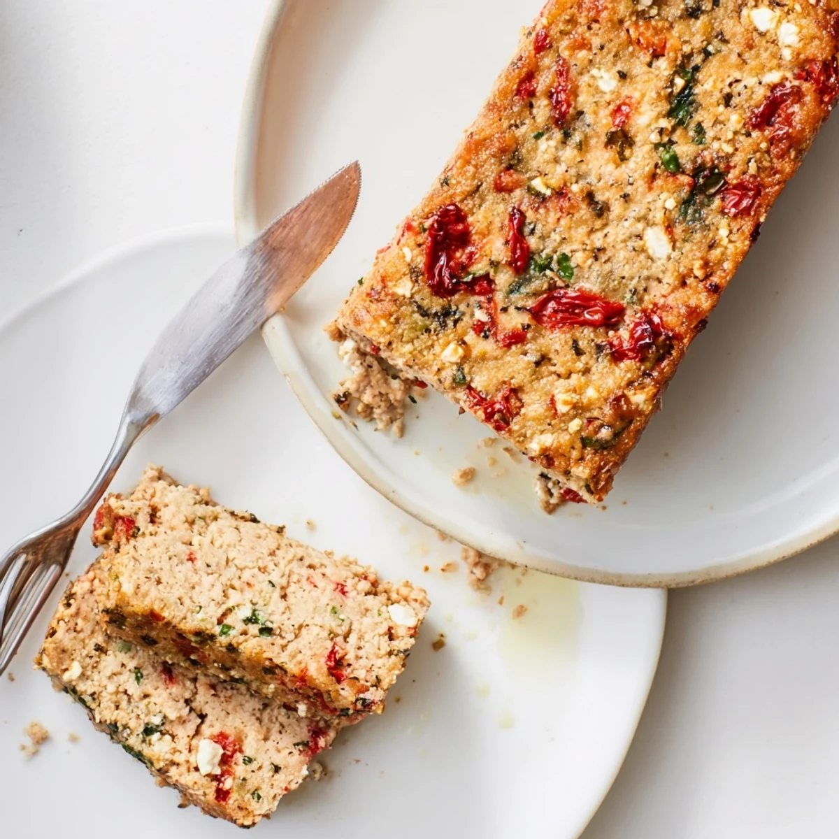 Juicy baked meatloaf packed with sun-dried tomatoes and feta cheese resting on a wooden board