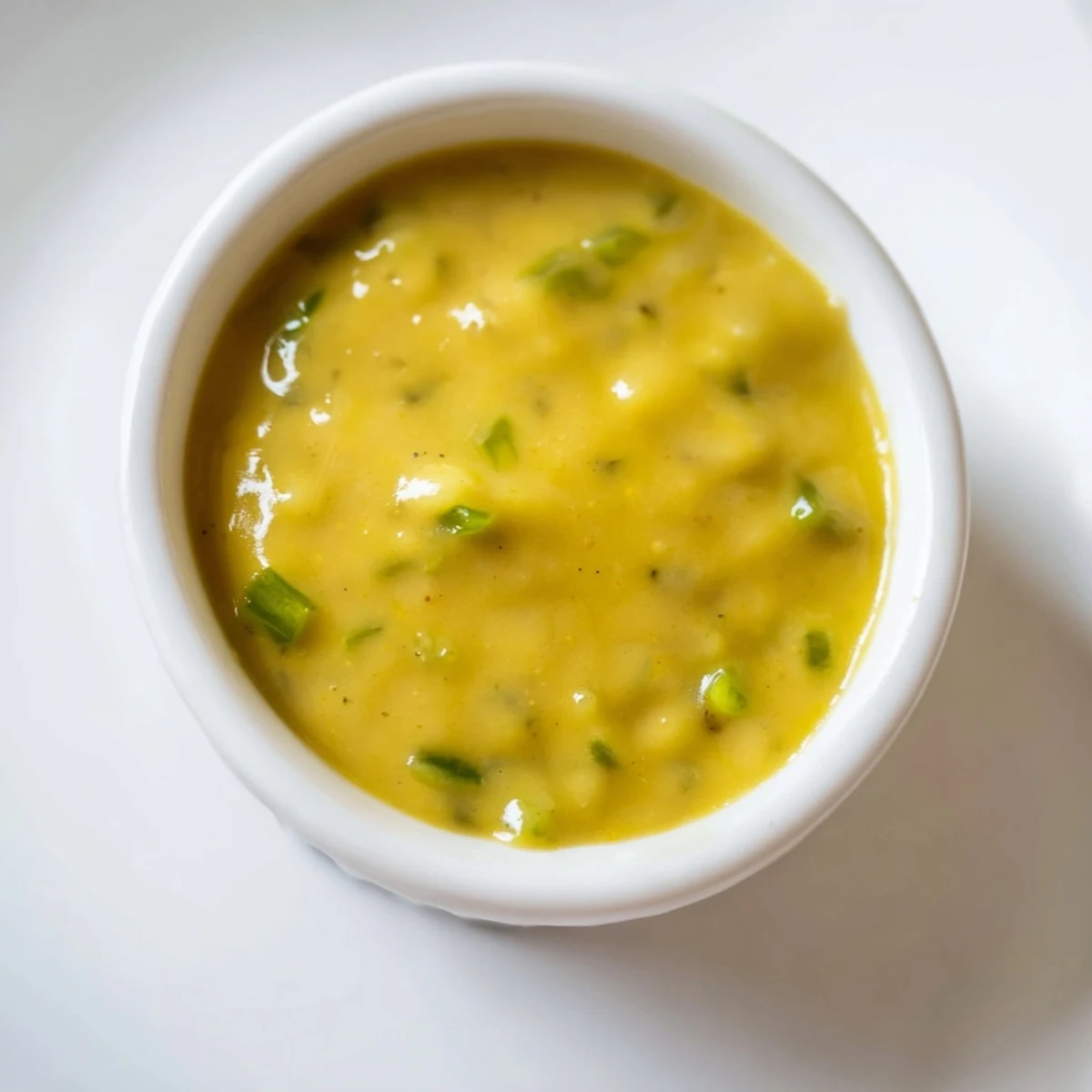 Creamy honey mustard sauce with fresh green jalapeño bits in a glass dipping bowl