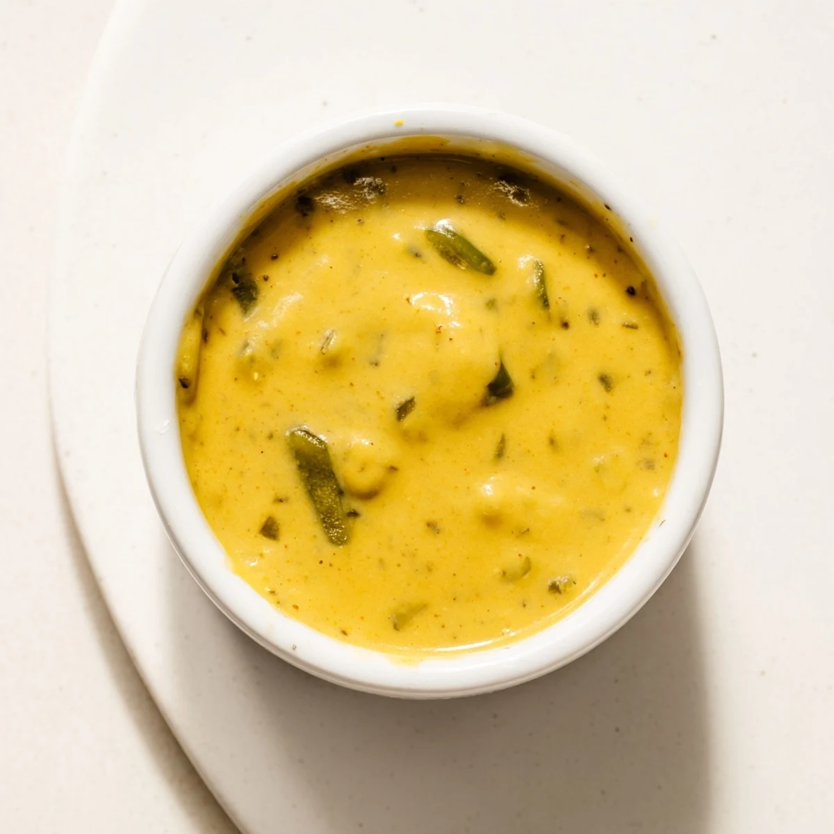 Golden jalapeño honey mustard sauce drizzled over grilled chicken tenders on a white plate