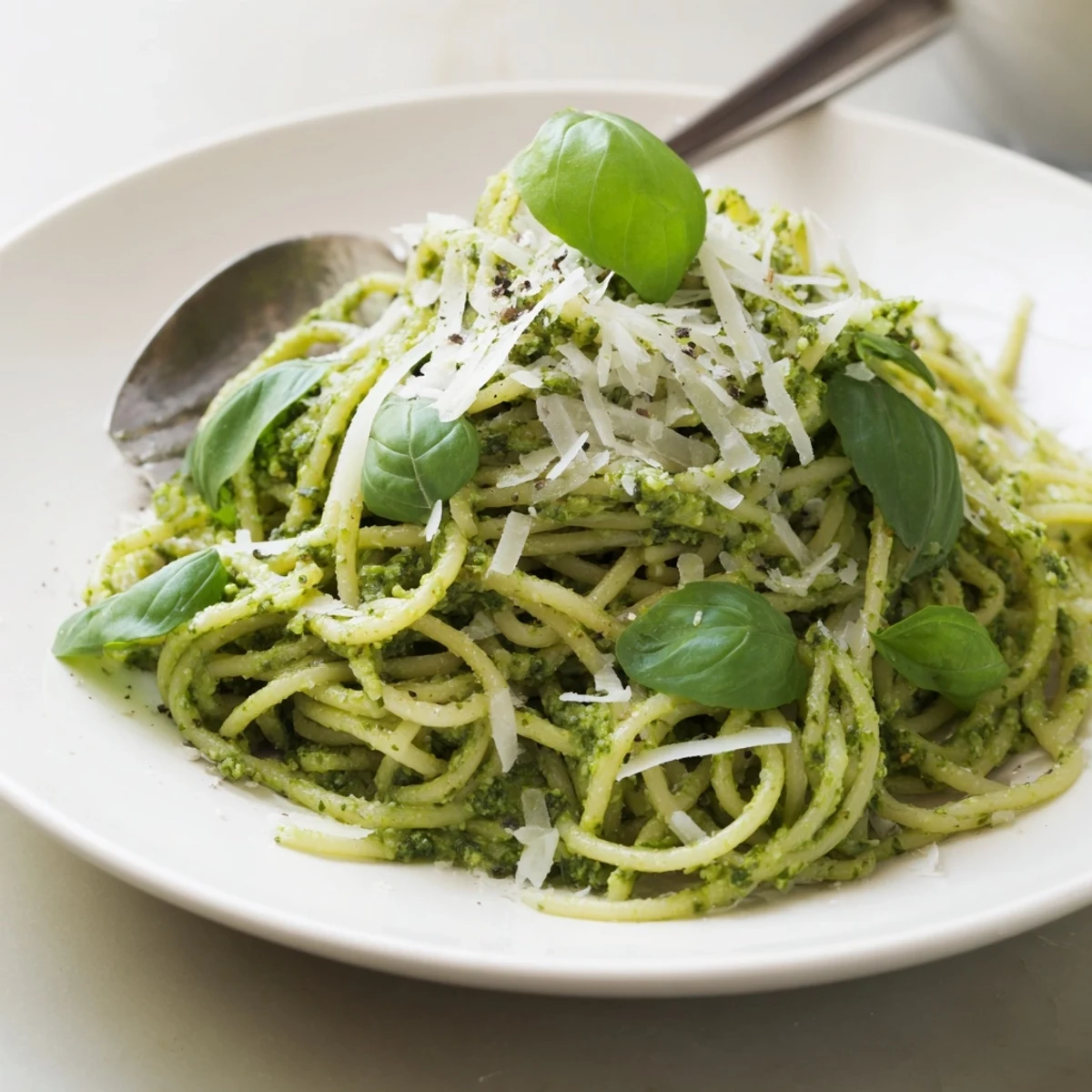 Creamy avocado spinach and basil pesto spaghetti garnished with grated Parmesan and fresh basil