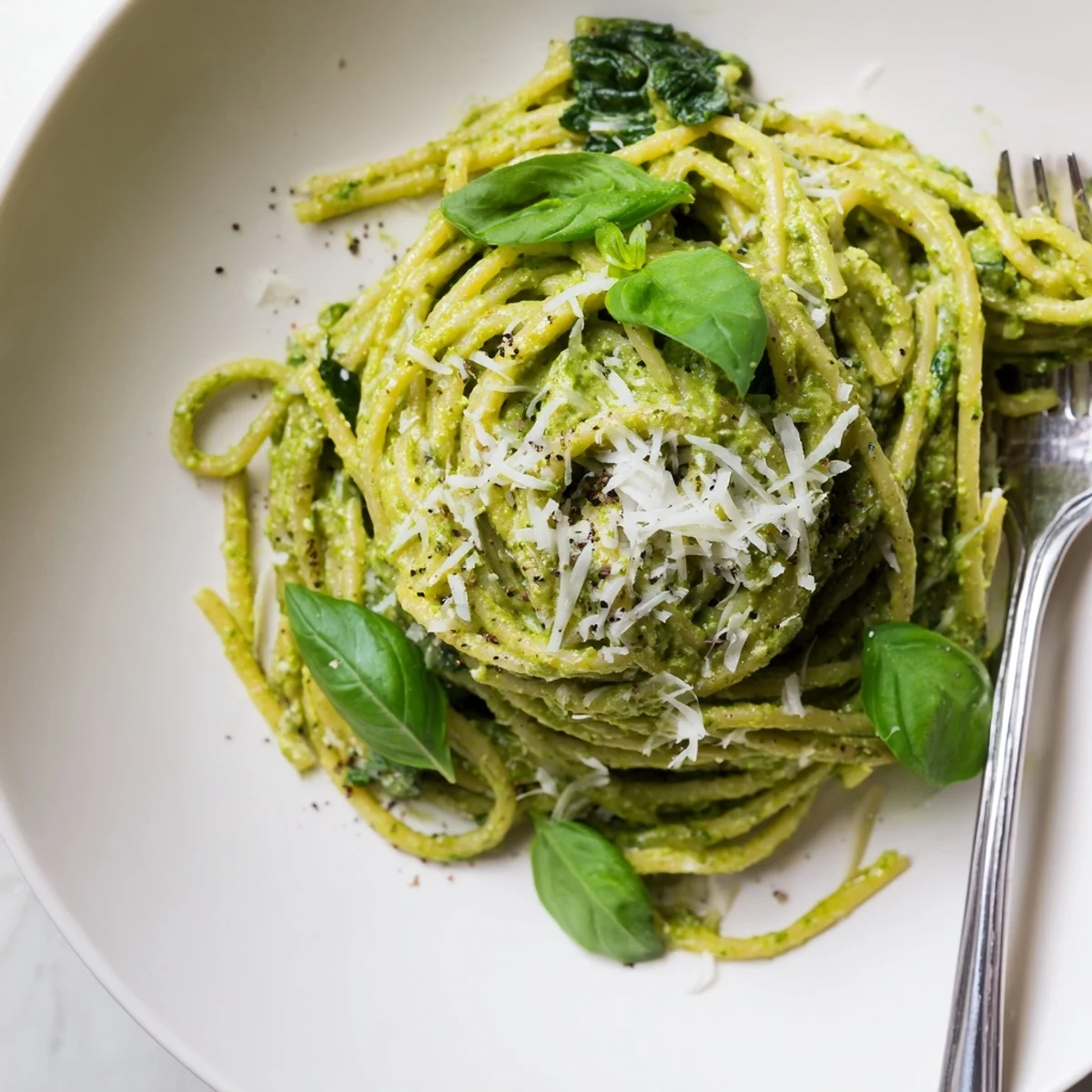 Vibrant green pesto pasta featuring ripe avocados and fresh herbs coating al dente spaghetti noodles