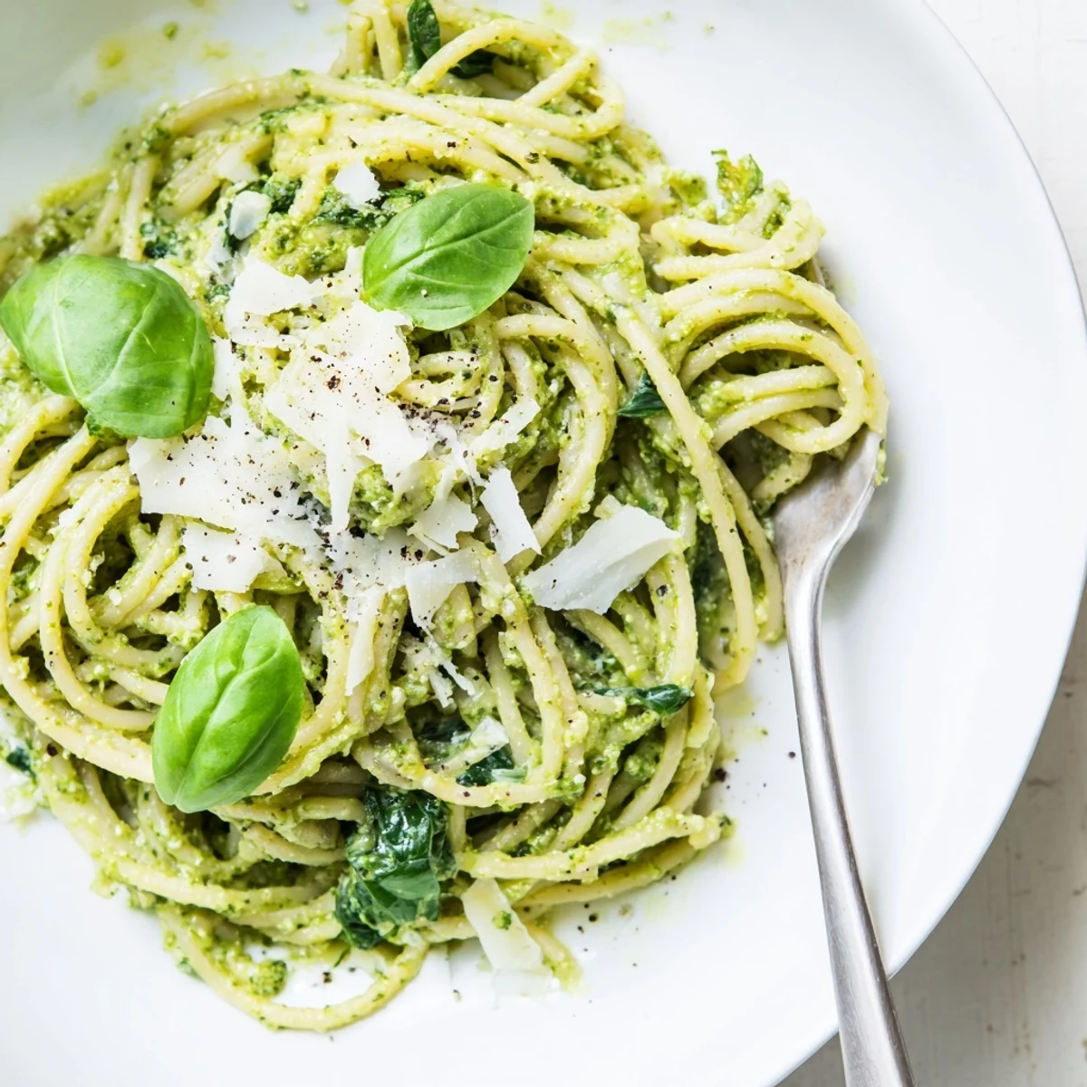 Bowl of avocado spinach basil pesto pasta topped with cracked black pepper and cheese shavings