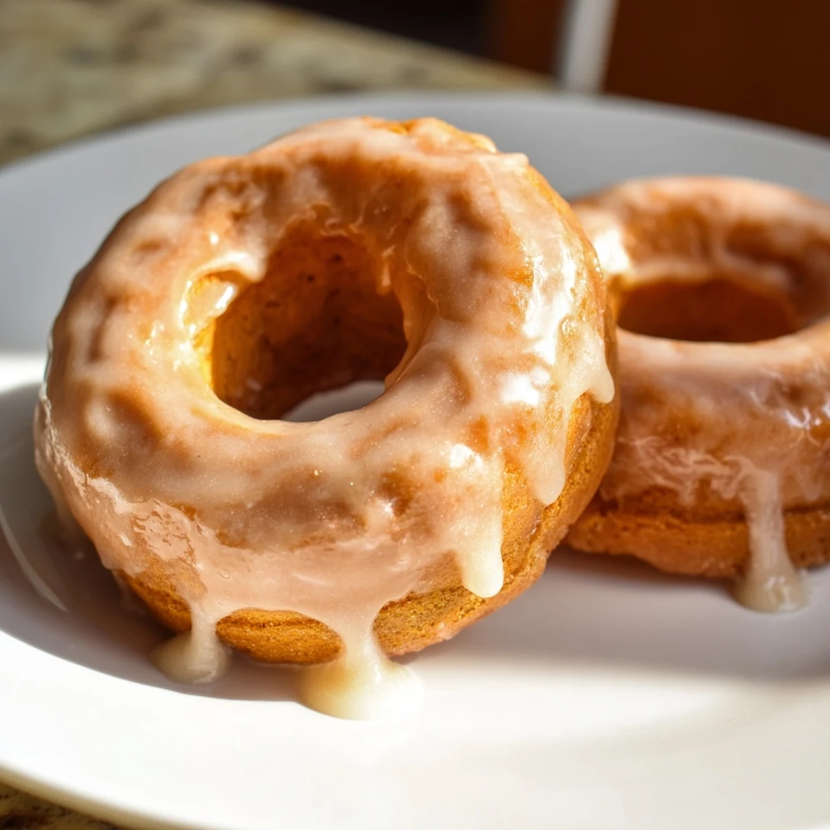 Freshly baked maple pumpkin mochi donuts arranged on a wooden board with glossy maple coating