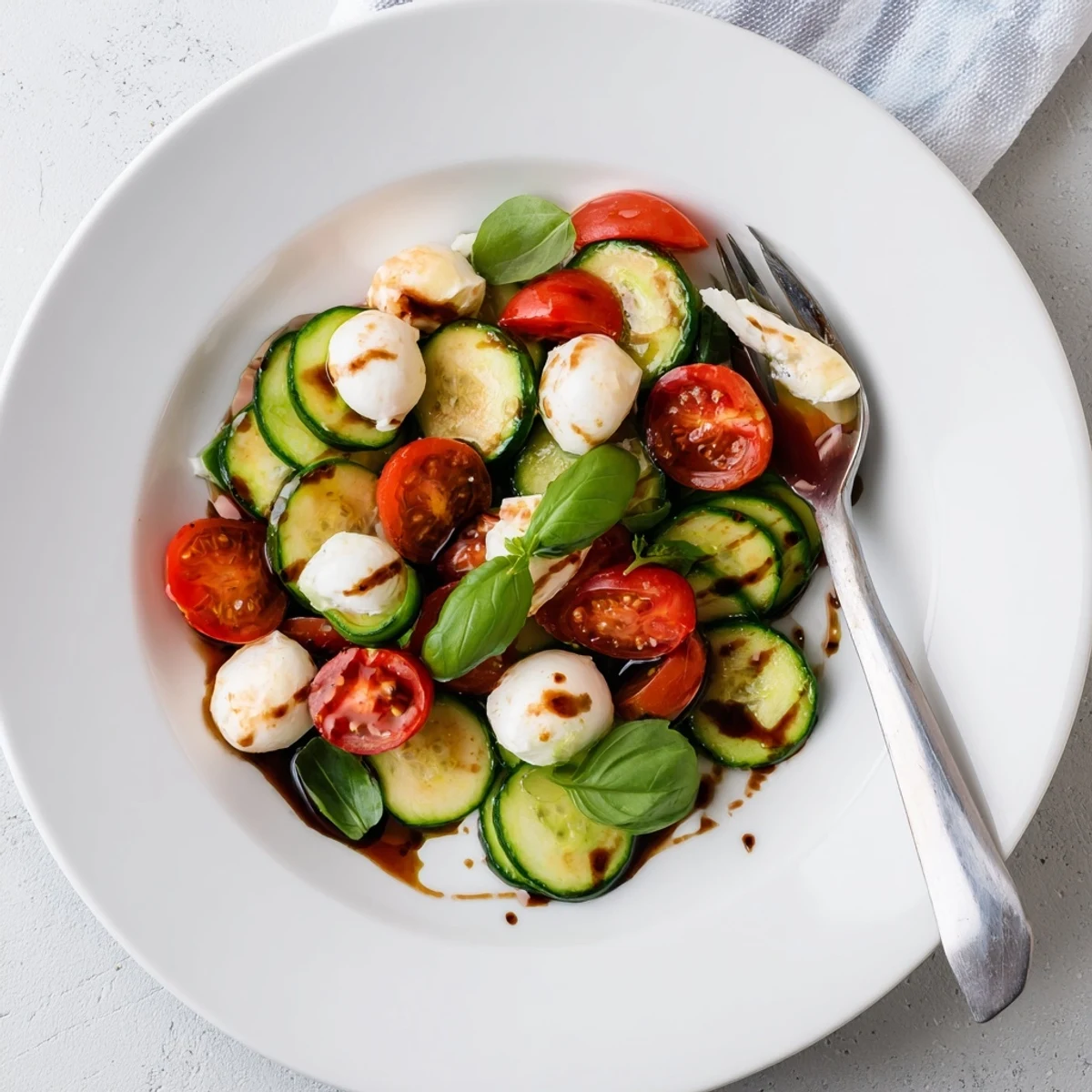 Fresh Easy Cucumber Caprese Salad bowl with cherry tomatoes, mozzarella balls, basil, and balsamic glaze drizzle