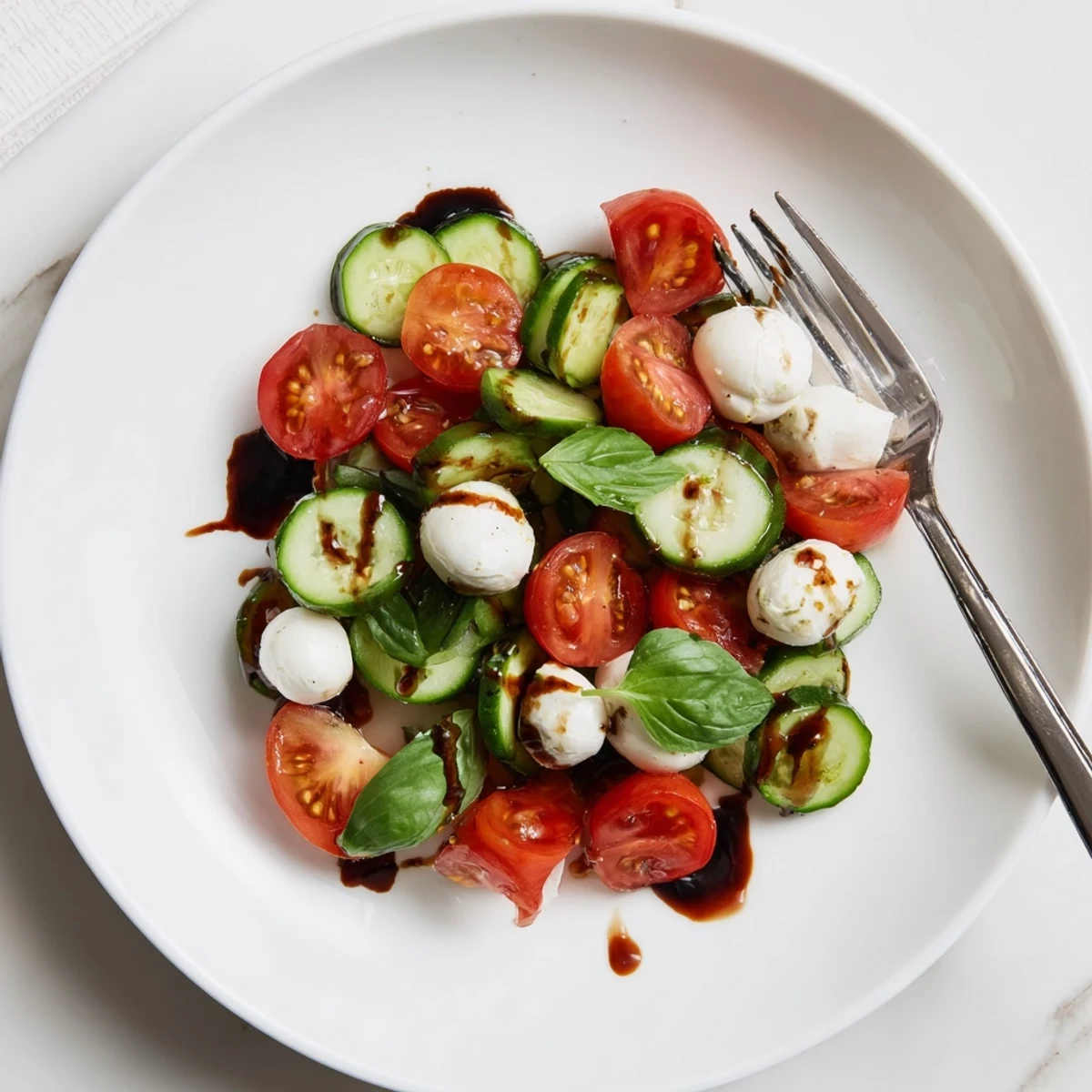 Vibrant Italian Easy Cucumber Caprese Salad featuring crisp cucumber slices, juicy tomatoes, and creamy mozzarella on white platter