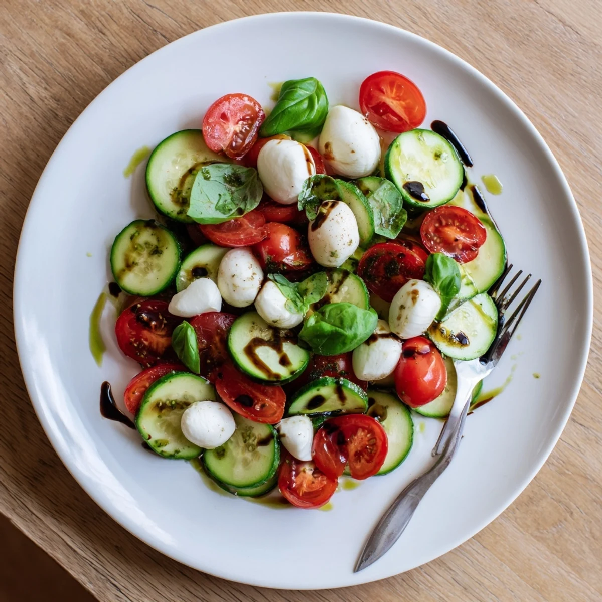 Colorful summer Easy Cucumber Caprese Salad tossed in olive oil dressing with fresh basil leaves and balsamic swirl
