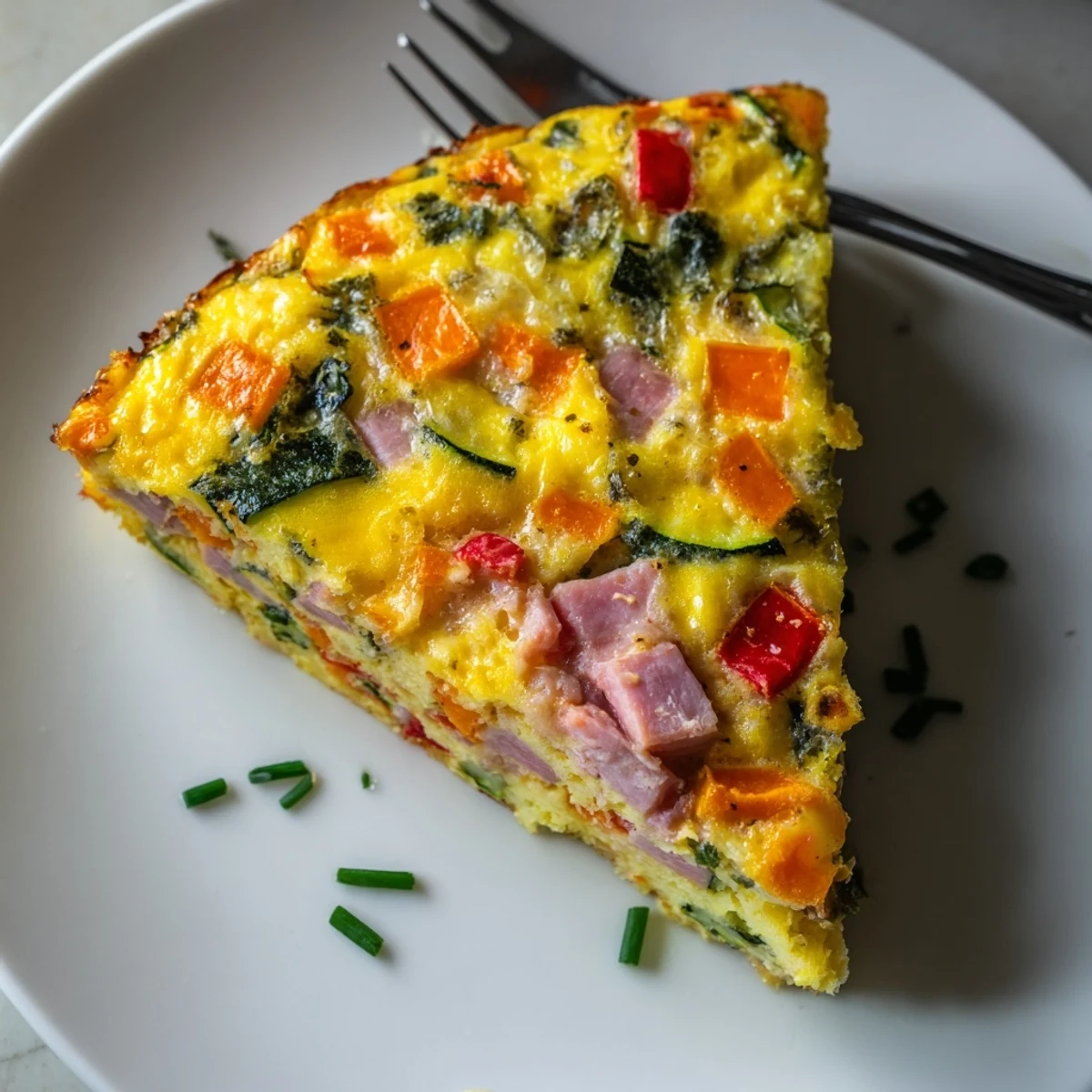 Golden vegetable and ham slice with colorful diced peppers and melted cheddar cheese topping