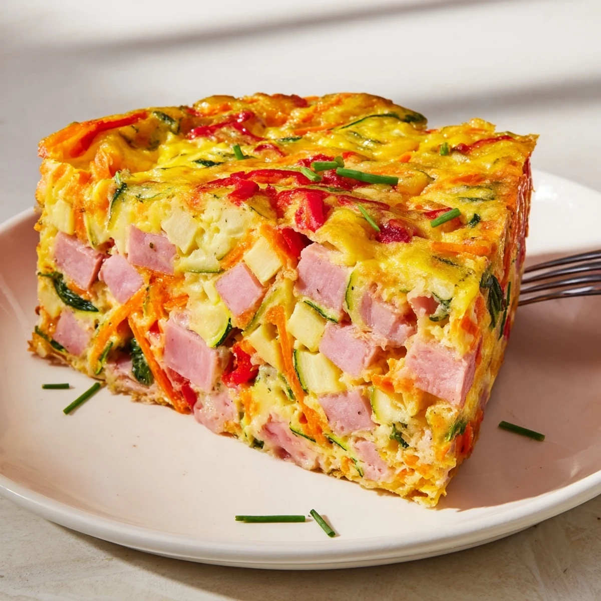 Homemade vegetable and ham slice showing tender texture with bits of carrot and spinach