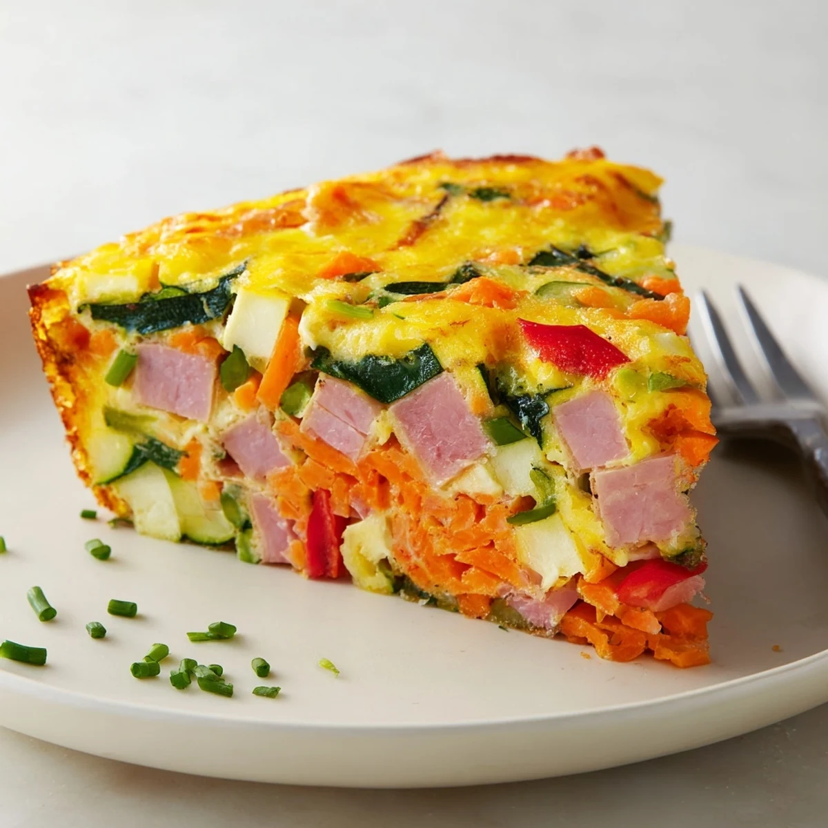 Savory vegetable and ham slice served on a white plate with fresh green garnish