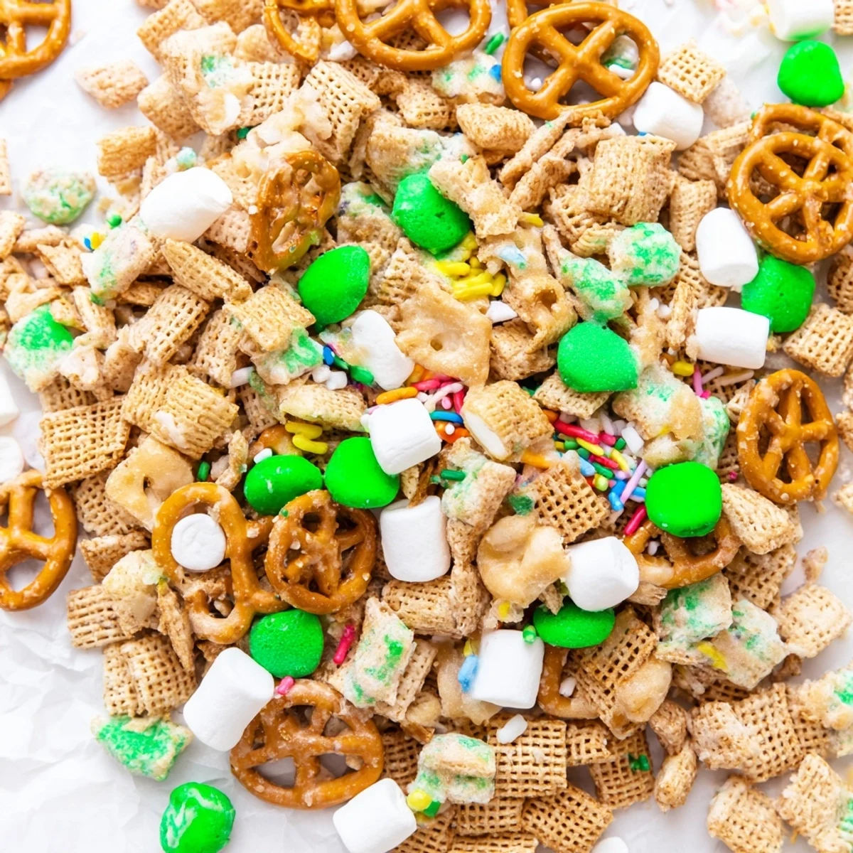 Colorful Leprechaun Bait snack mix scattered with green candies and rainbow sprinkles on white parchment