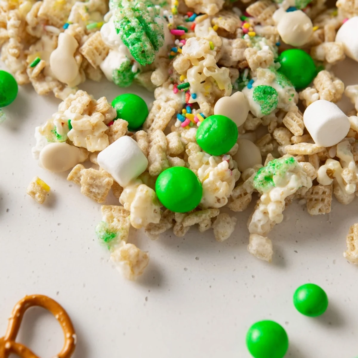 Sweet and salty Leprechaun Bail piled high with marshmallows in a decorative serving bowl