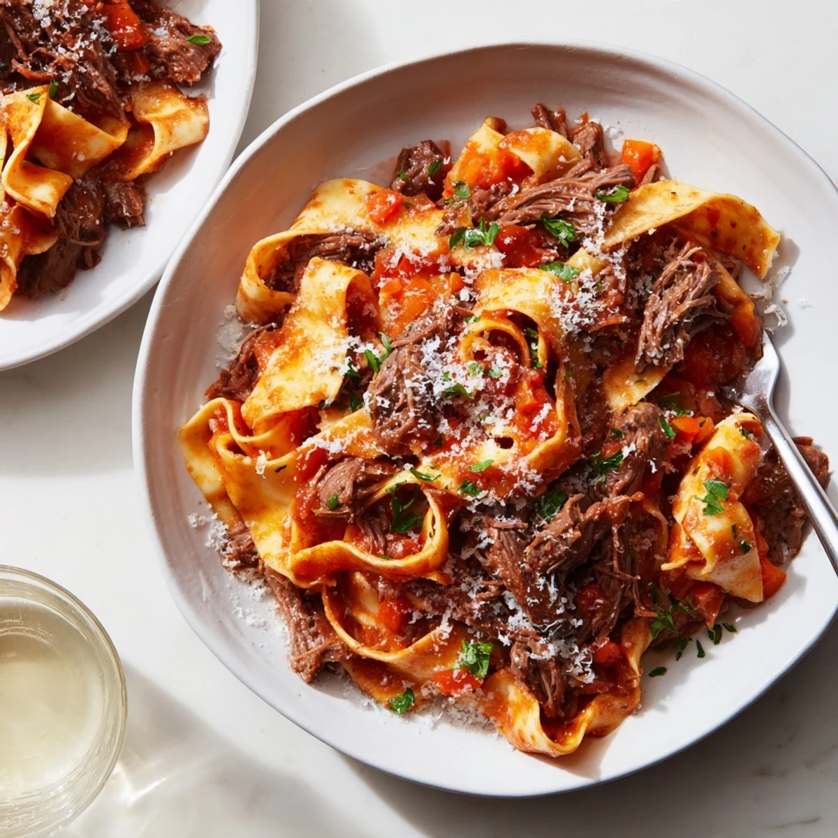 Slow cooked lamb ragu with pappardelle tossed in rich tomato-red wine sauce and topped with Parmesan