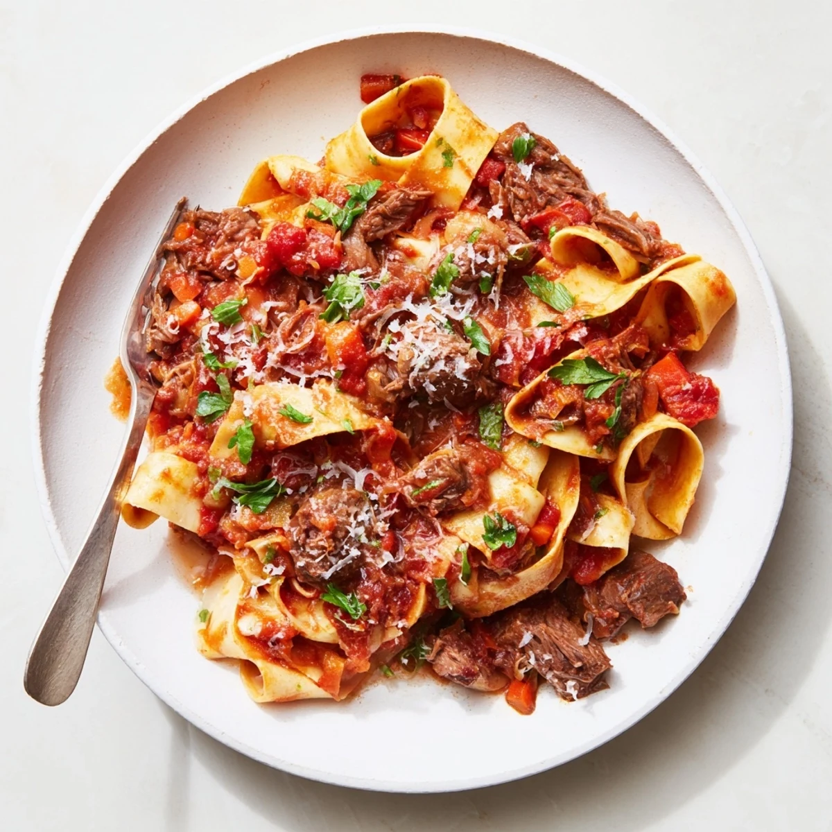 Tender slow cooked lamb ragu served over wide pappardelle pasta ribbons garnished with fresh parsley