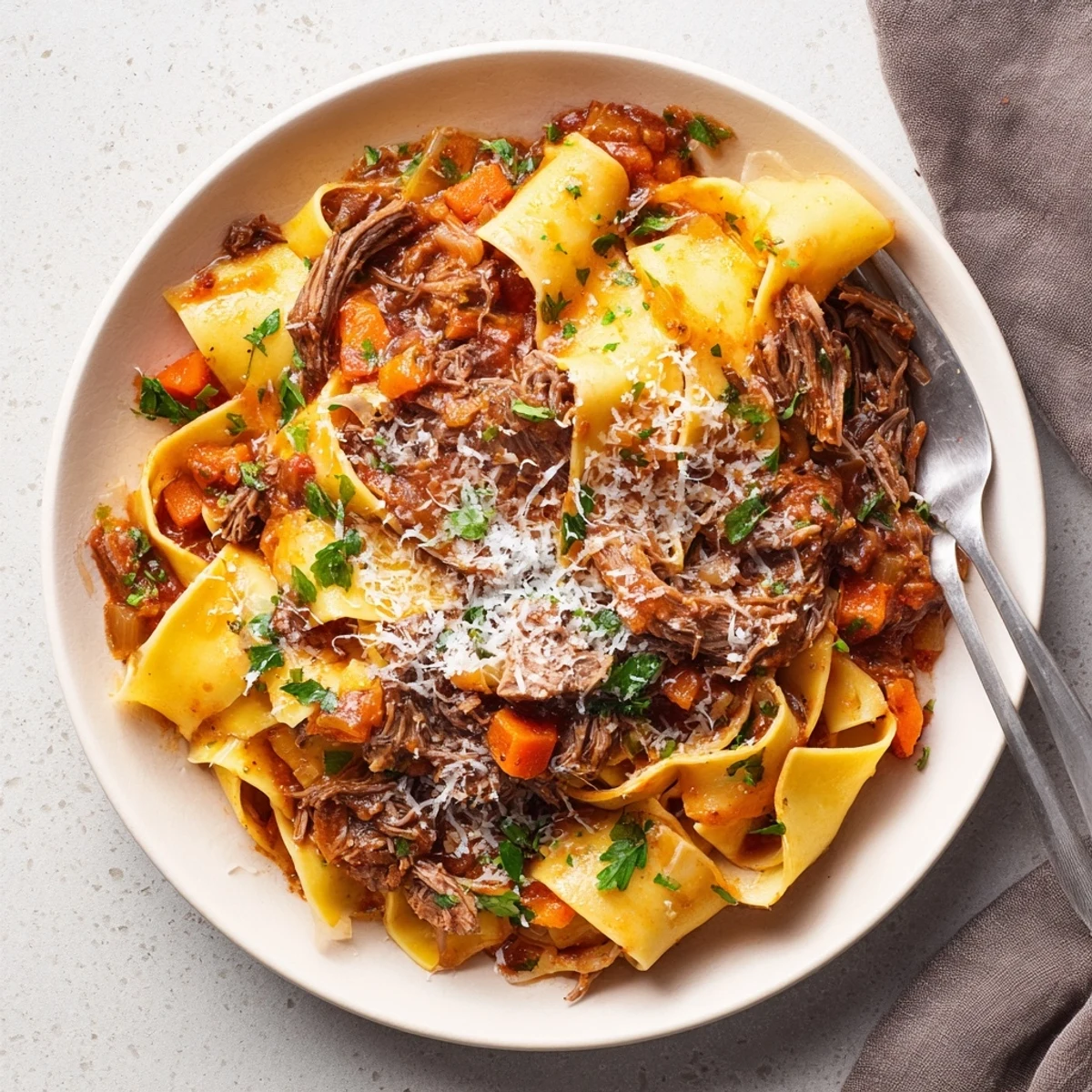 Hearty bowl of slow cooked lamb ragu with pappardelle featuring shredded meat in thick savory sauce