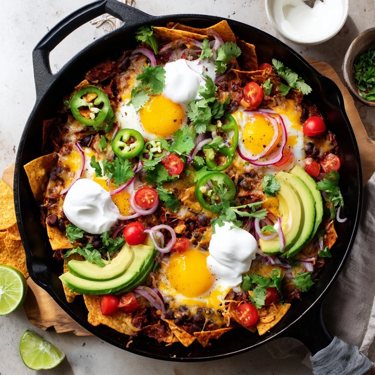 Mexican egg nachos with crispy tortilla chips, melted cheddar, and baked eggs topped with fresh avocado slices and bright red salsa
