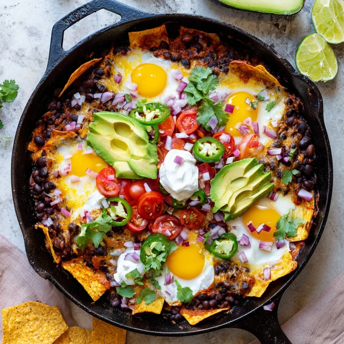 Golden baked eggs nestled on cheesy Mexican egg nachos with black beans, tortilla chips, and creamy sour cream dollops