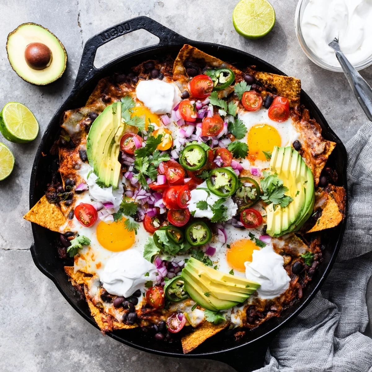 Vibrant plate of Mexican egg nachos featuring runny yolks, melted cheese, spiced black beans, and colorful fresh vegetable garnishes