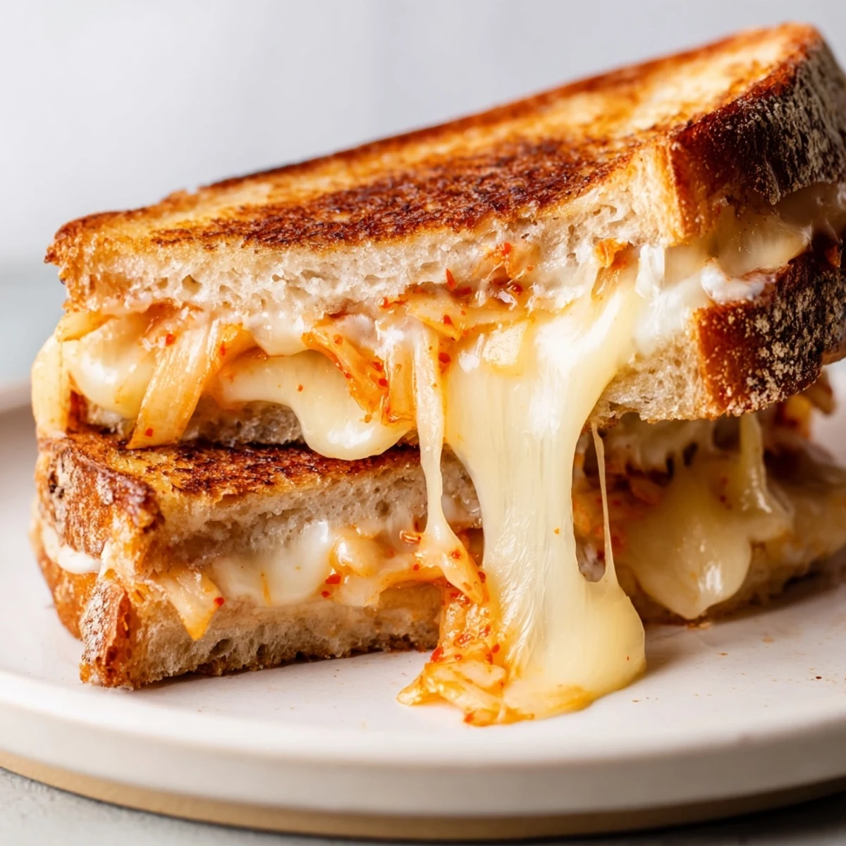 Golden brown kimchi grilled cheese sandwich with melted cheddar oozing from crispy sourdough bread