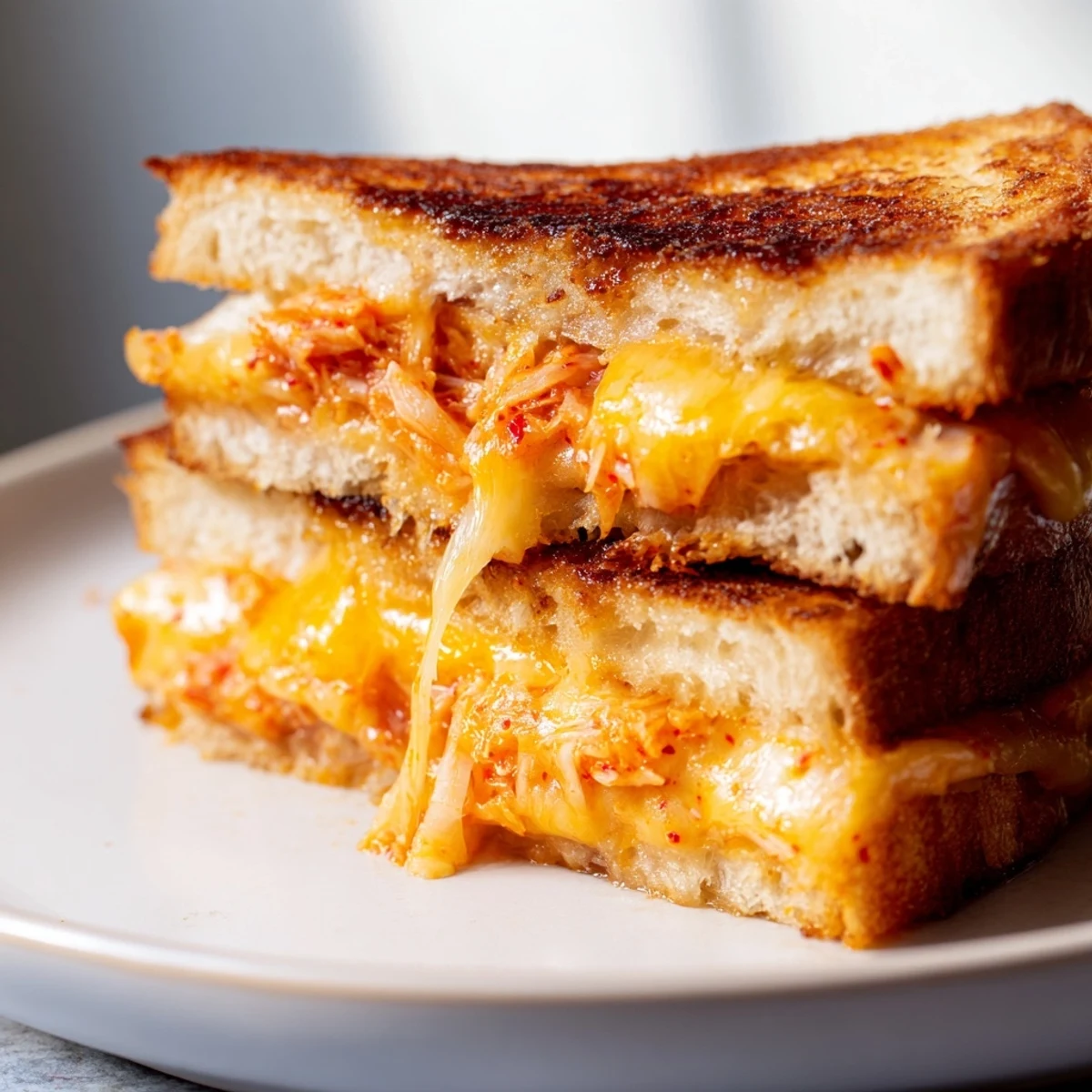 Sliced kimchi grilled cheese sandwich revealing layers of gooey mozzarella and sharp cheddar cheese