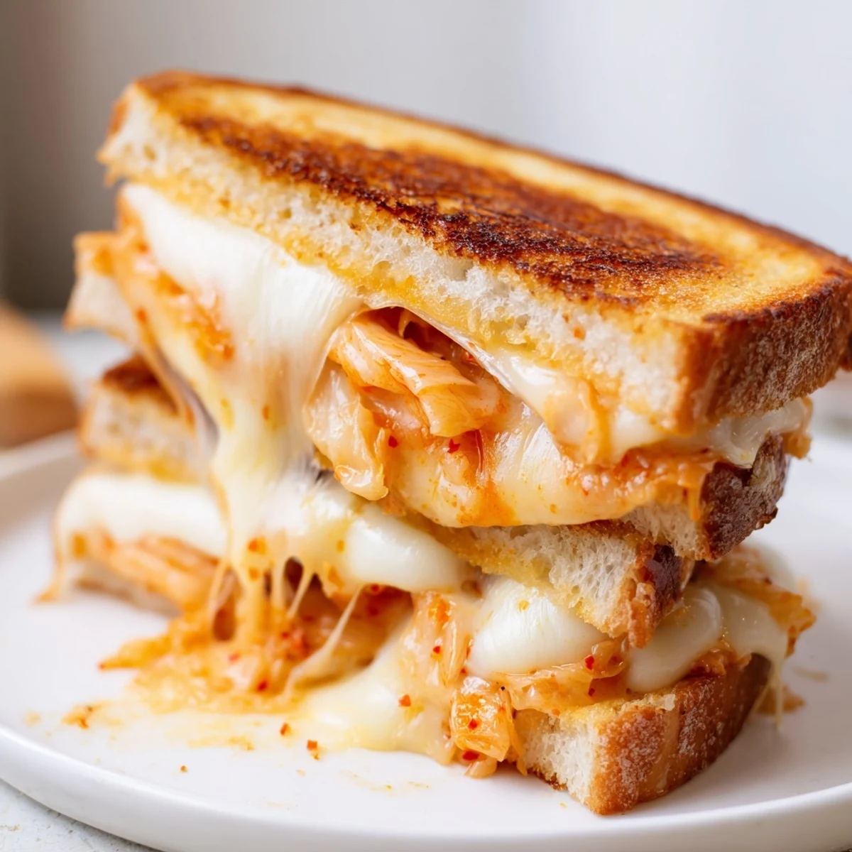 Korean-American kimchi grilled cheese sandwich grilled to perfection with tangy fermented cabbage filling