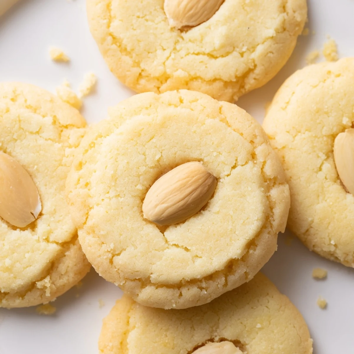Golden Chinese almond cookies topped with whole almonds on a wire cooling rack
