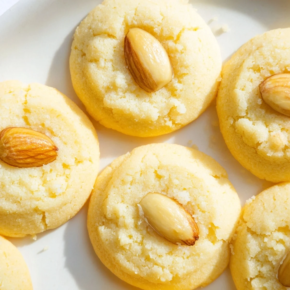 Close-up of Chinese almond cookies with egg-washed tops and centered almond pressed into each