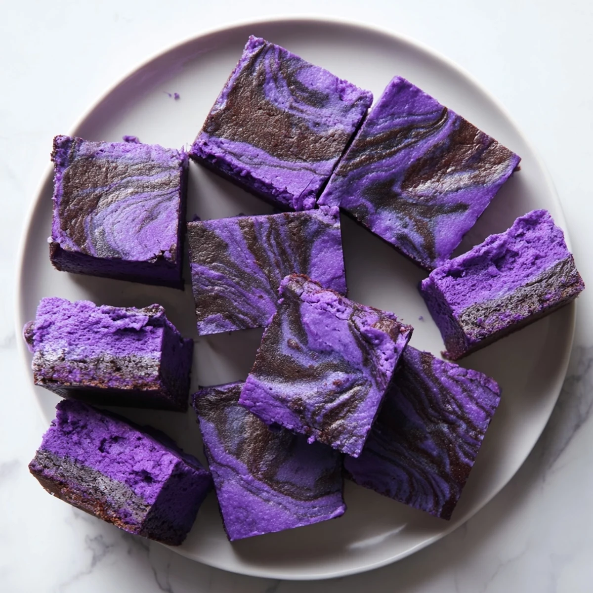 Fudgy purple ube brownies swirled with rich melted chocolate on a white plate
