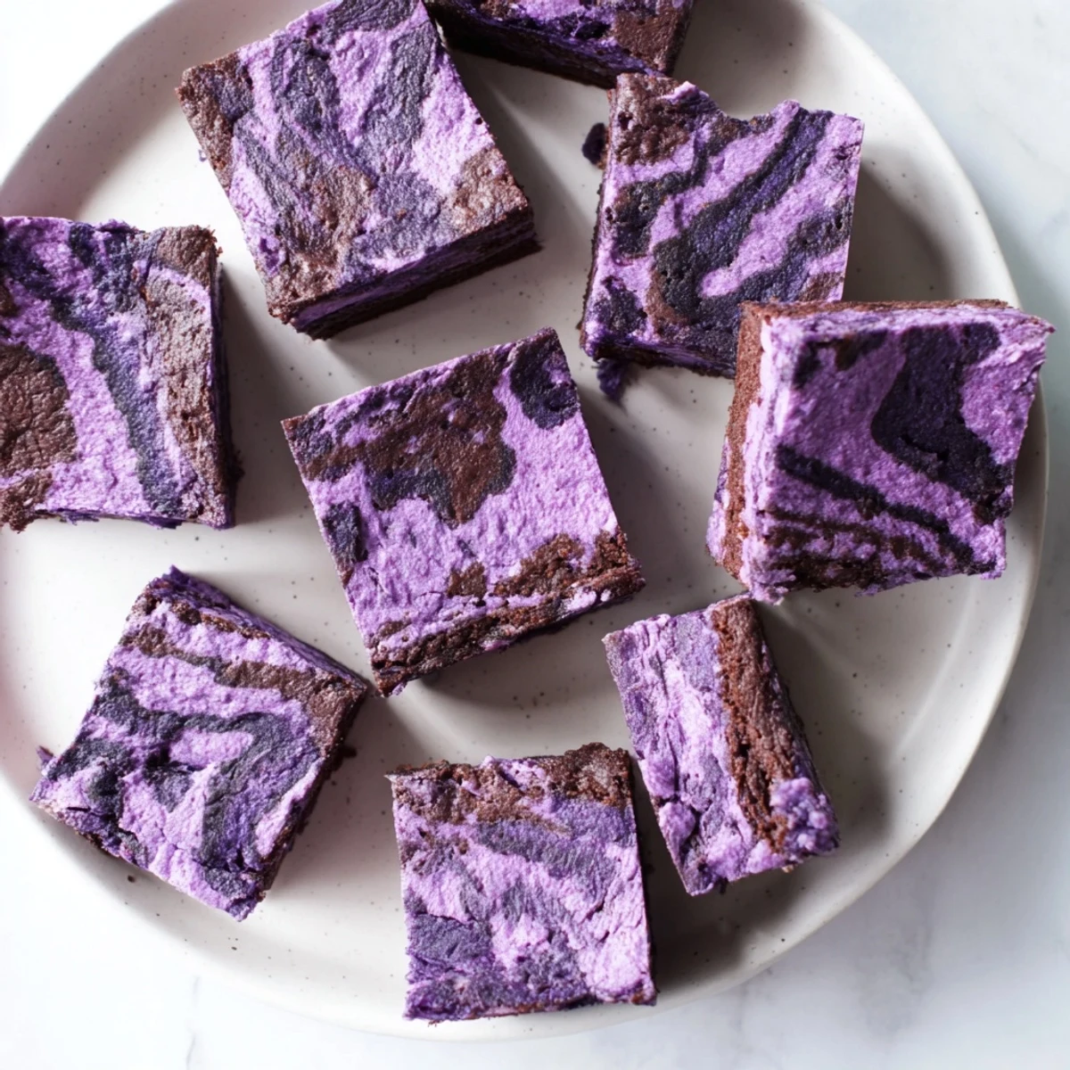 Homemade ube brownies featuring vibrant purple yam batter marbled with semi-sweet chocolate