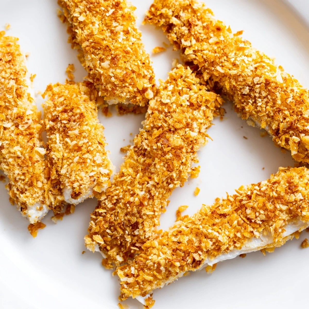 Crispy baked fish fingers coated in crushed corn chips, served with fresh lemon wedges