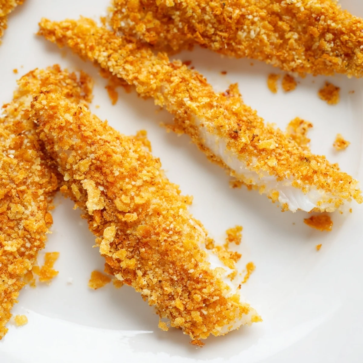 Golden crunchy corn chip fish fingers arranged on a white baking sheet, ready for baking