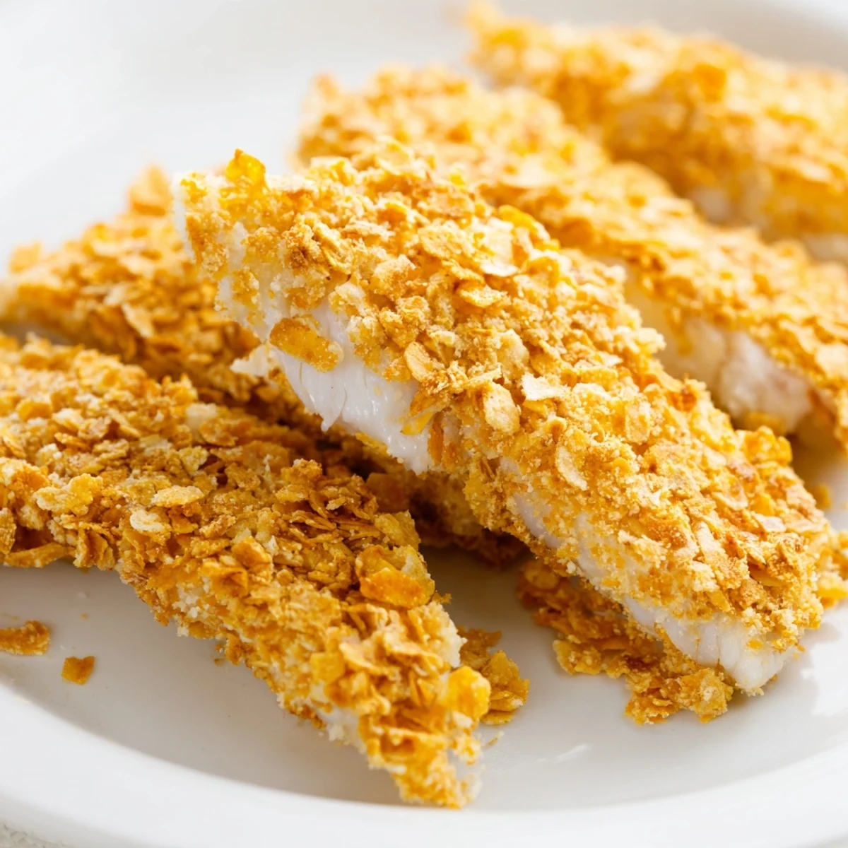 Family-friendly corn chip fish fingers with golden tortilla chip coating on parchment paper