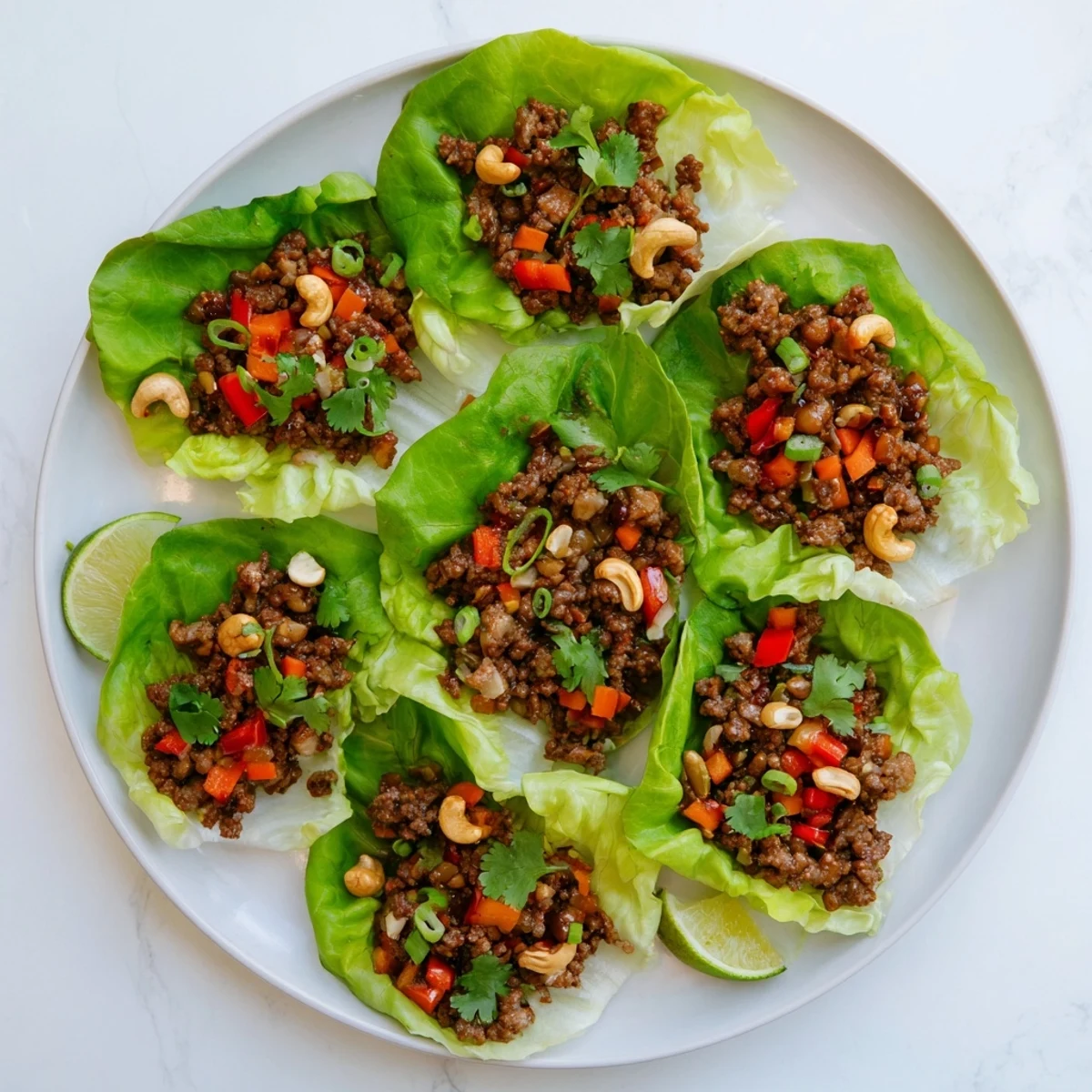 Crisp lettuce leaves topped with Asian seasoned ground beef and roasted cashew nut pieces