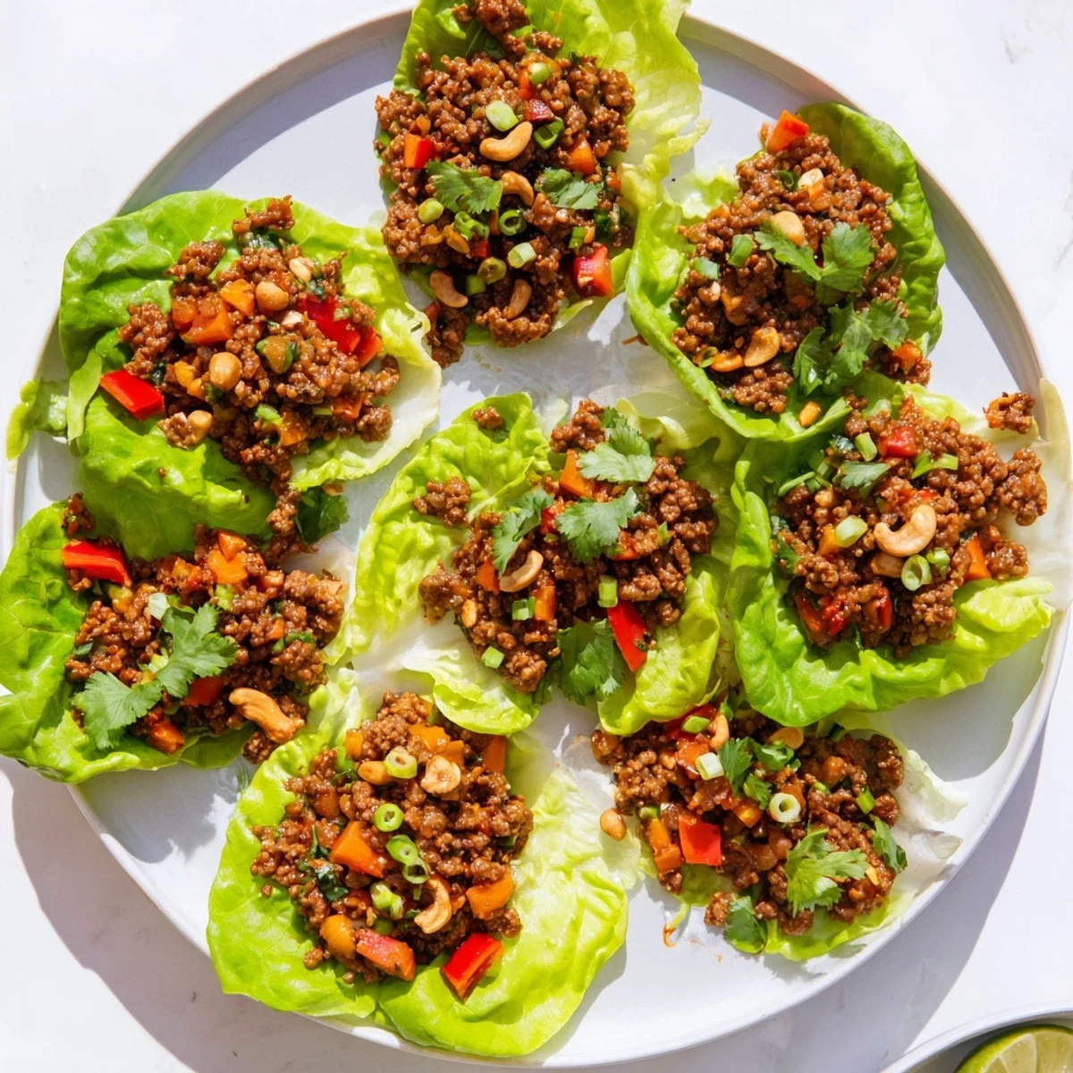 Fresh beef and cashew lettuce cups filled with savory minced meat and colorful vegetables