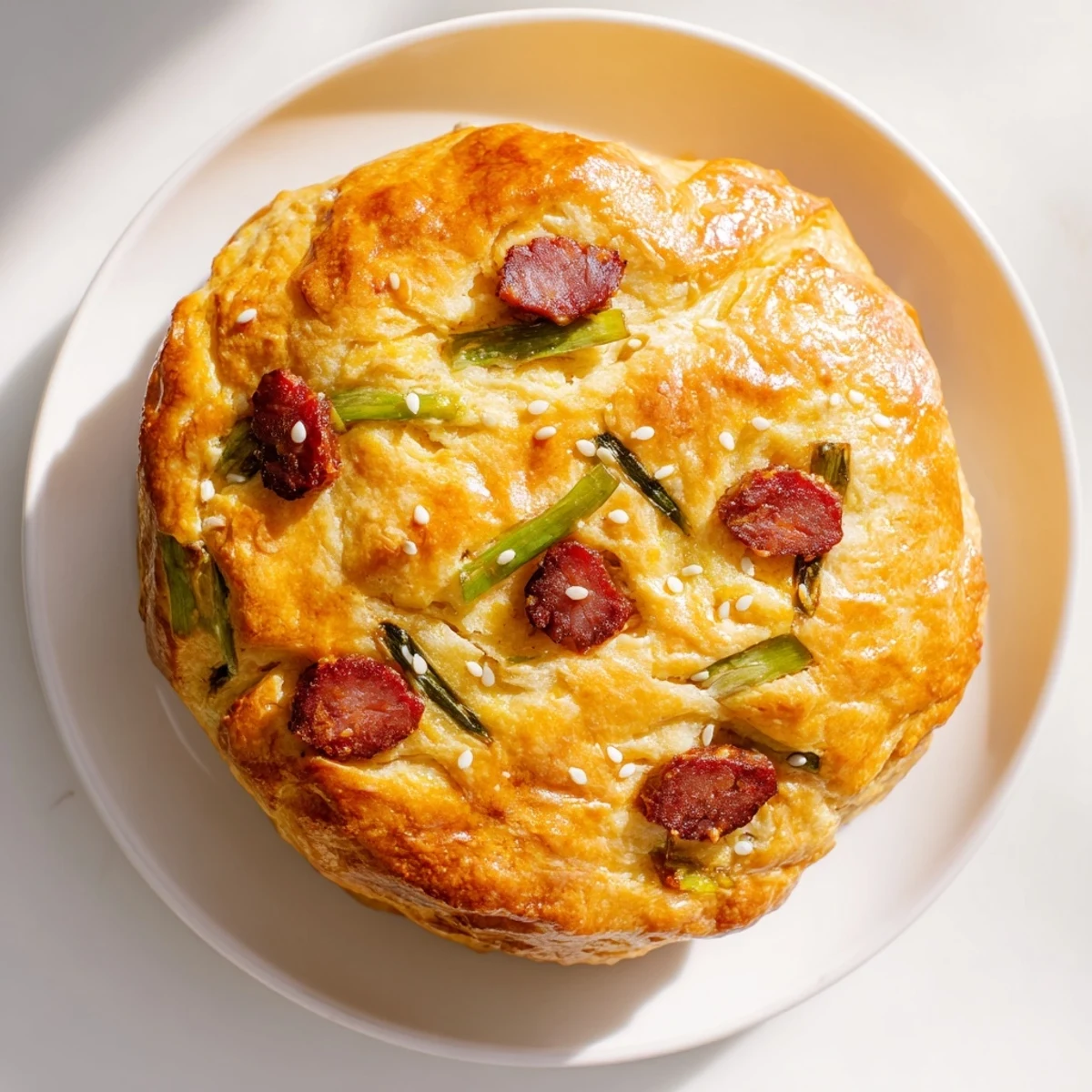 Golden brown homemade Chinese sausage biscuits with visible pieces of savory lap cheong throughout the flaky layers