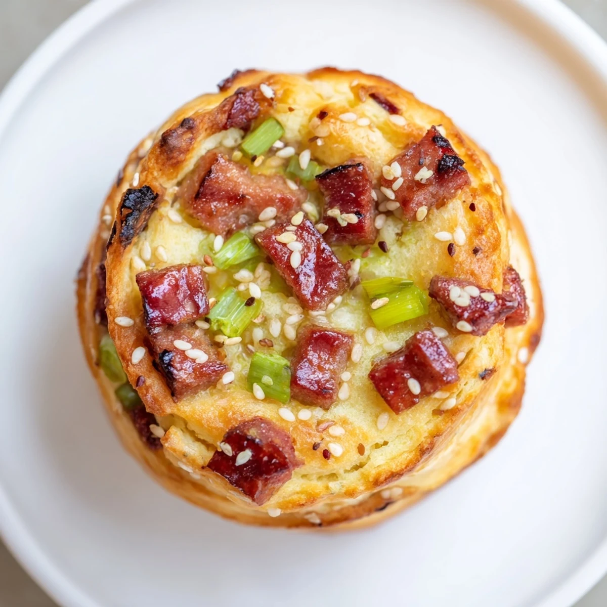 Warm homemade Chinese sausage biscuits brushed with egg wash, featuring golden crusts and flecks of green onion