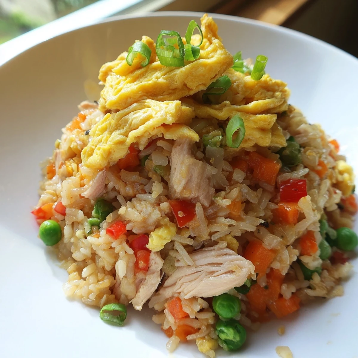 Savory Asian style chicken fried rice with colorful vegetables and sliced egg omelette garnish