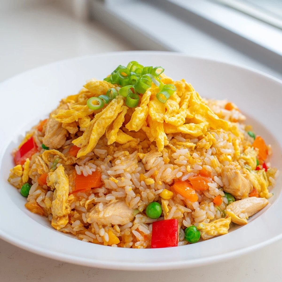 Golden chicken fried rice topped with delicate egg omelette strips in a white bowl