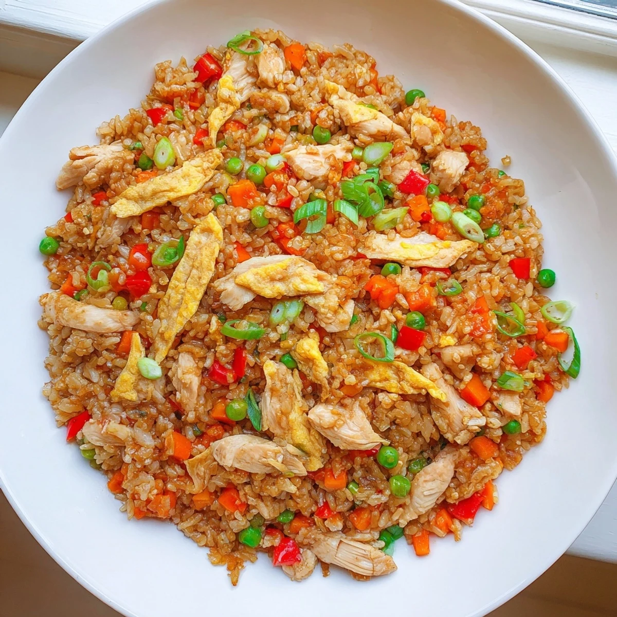 Steaming plate of chicken fried rice featuring tender meat and ribbons of egg omelette