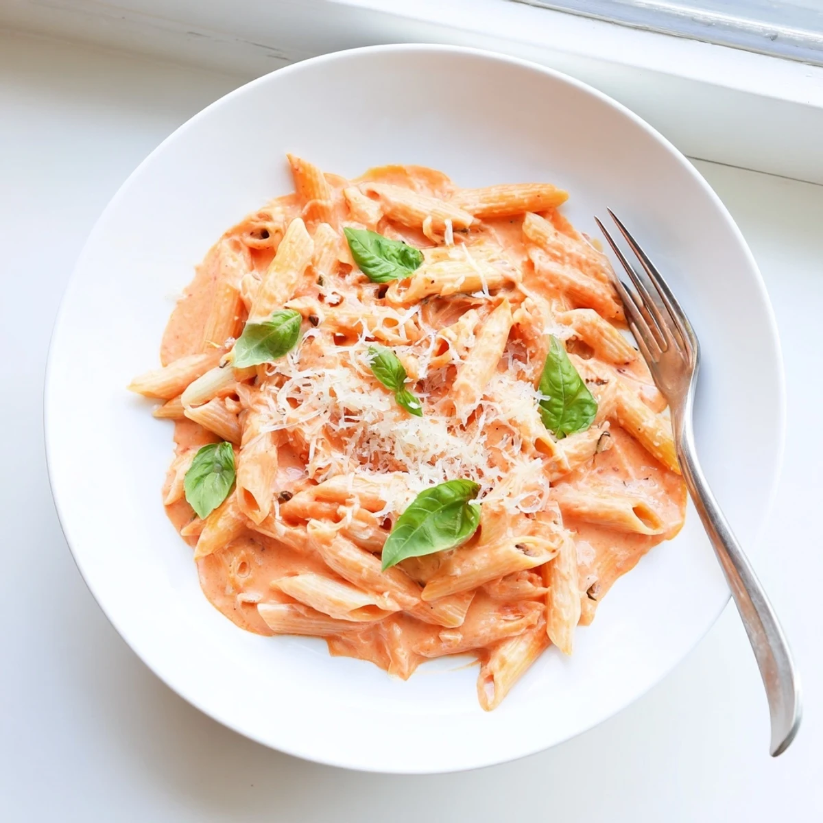Creamy tomato garlic pasta coated in velvety red sauce with fresh basil garnish