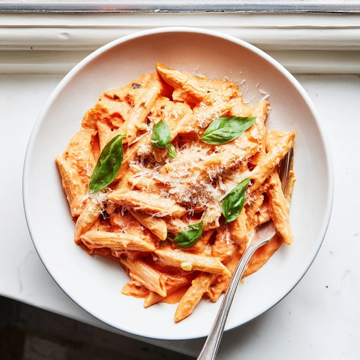 Steaming bowl of creamy tomato garlic pasta topped with grated Parmesan and torn basil