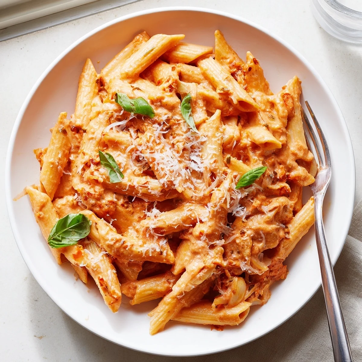 Al dente pasta tangled in rich creamy tomato garlic sauce with black pepper specks