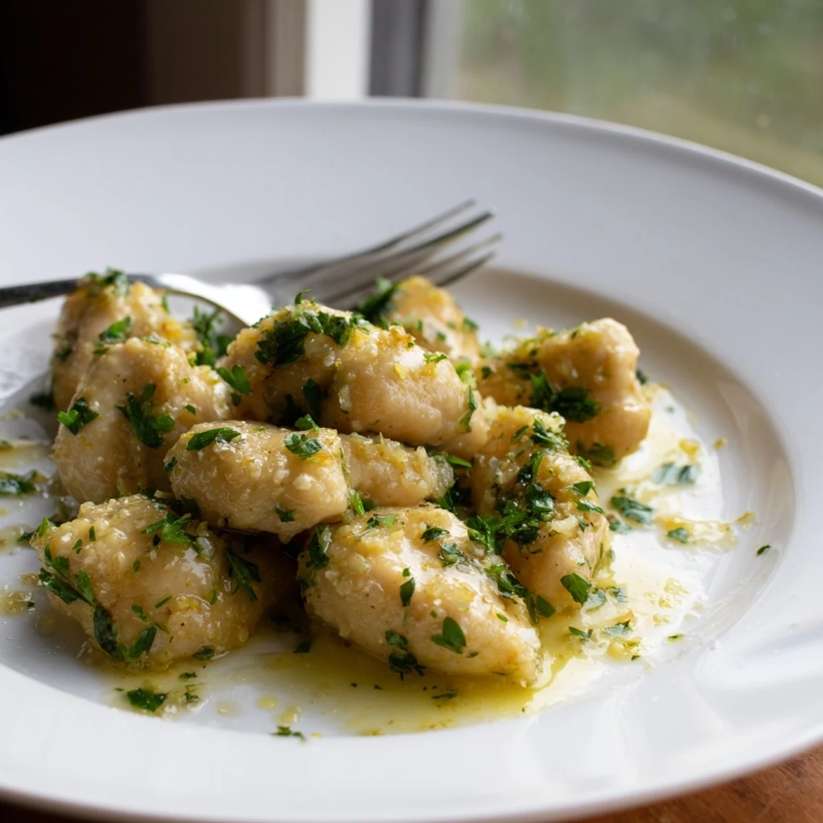 Tender garlic butter chicken crockpot dish with golden brown chicken breasts coated in rich buttery sauce